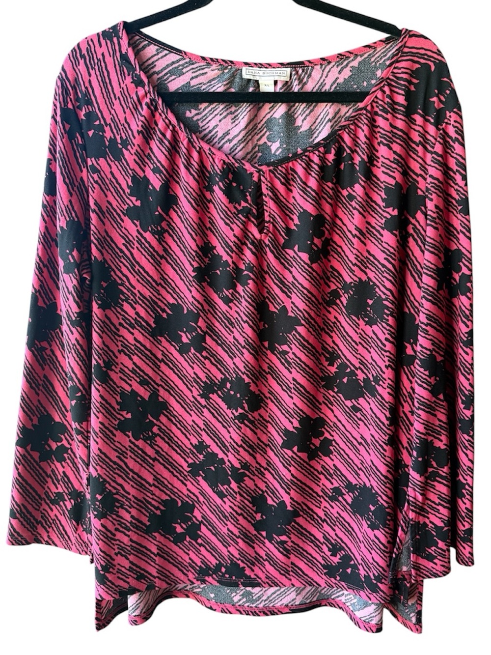 Dana Buchman tunic, career, longer back, stretchy, flair sleeves, XL